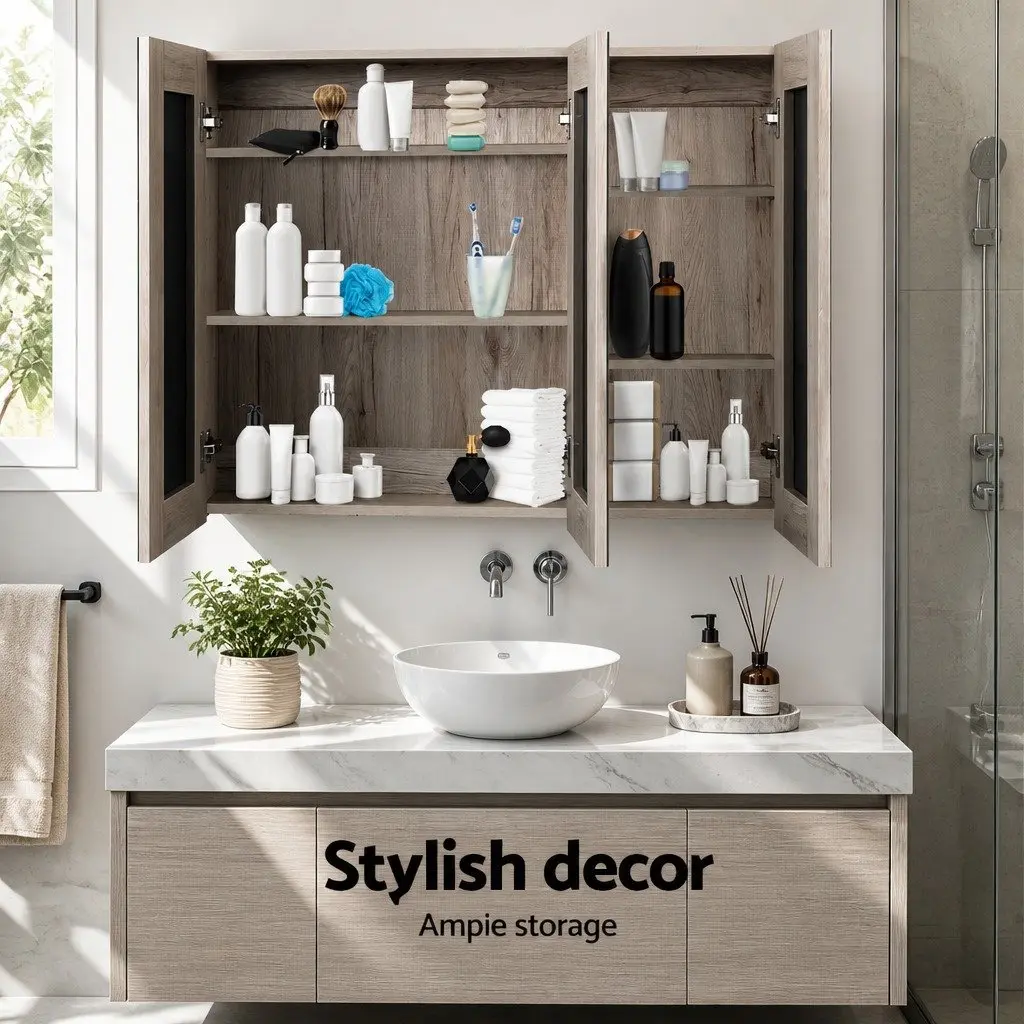 Bathroom Mirror Cabinet Natural 900x720mm Soft-Closing Doors