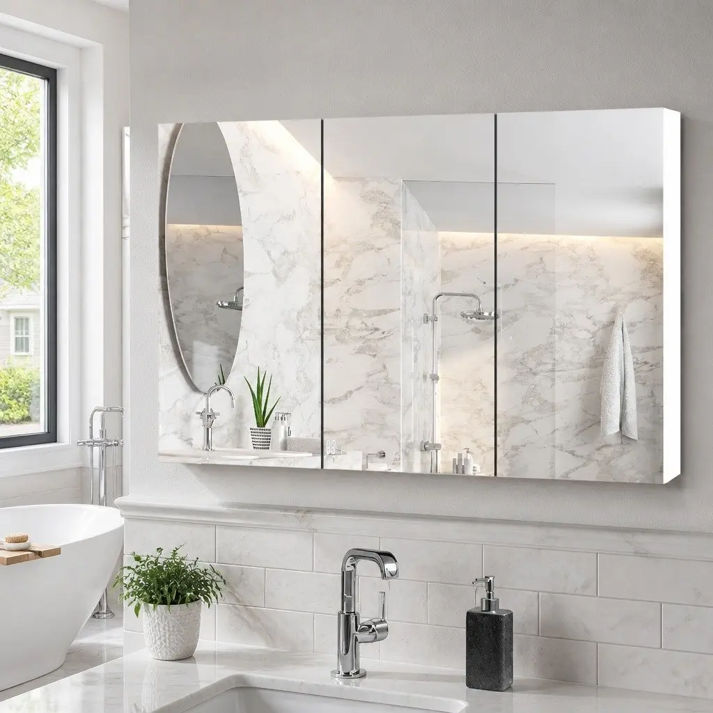 Bathroom Mirror Cabinet White 1200x720mm Three Door Soft Closing Adjustable Shelves