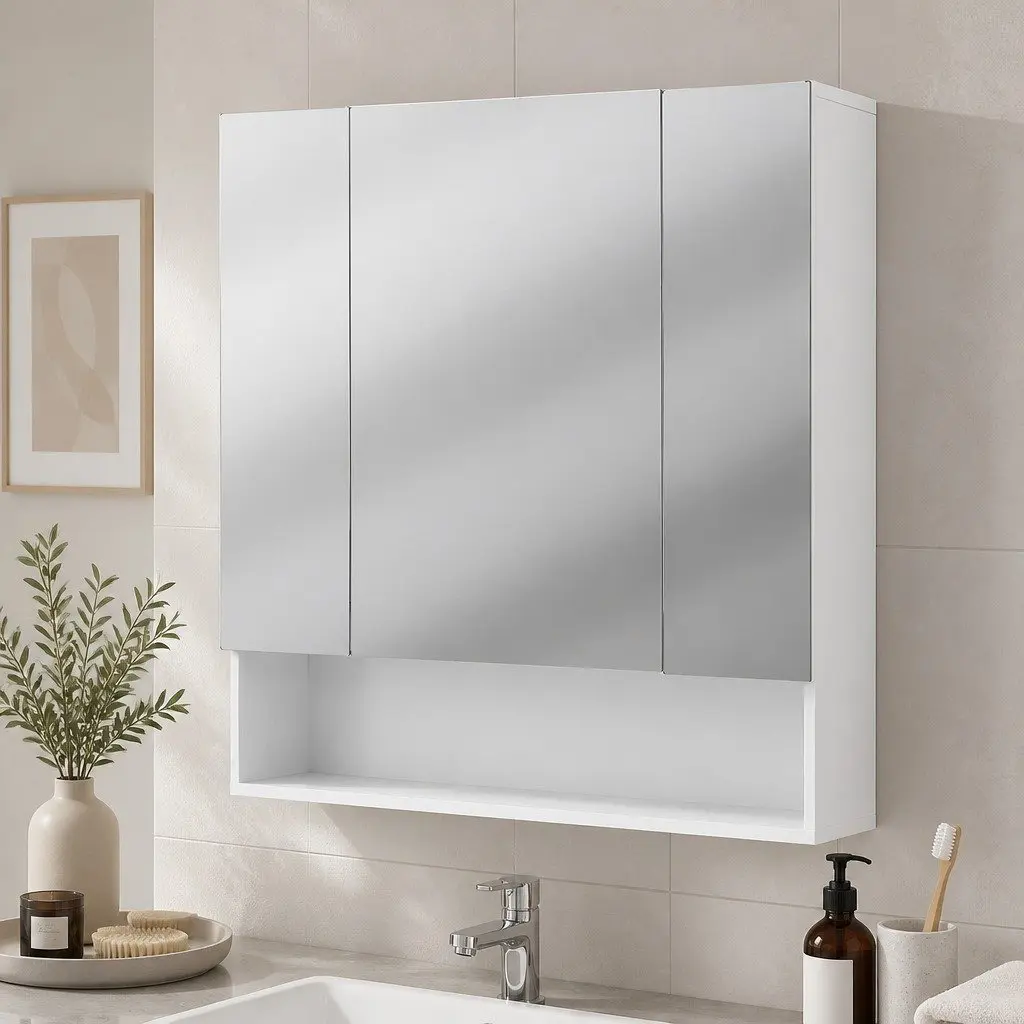 Bathroom Cabinet White 700x750mm Wall Hung Triple Mirrored Doors Adjustable Shelves