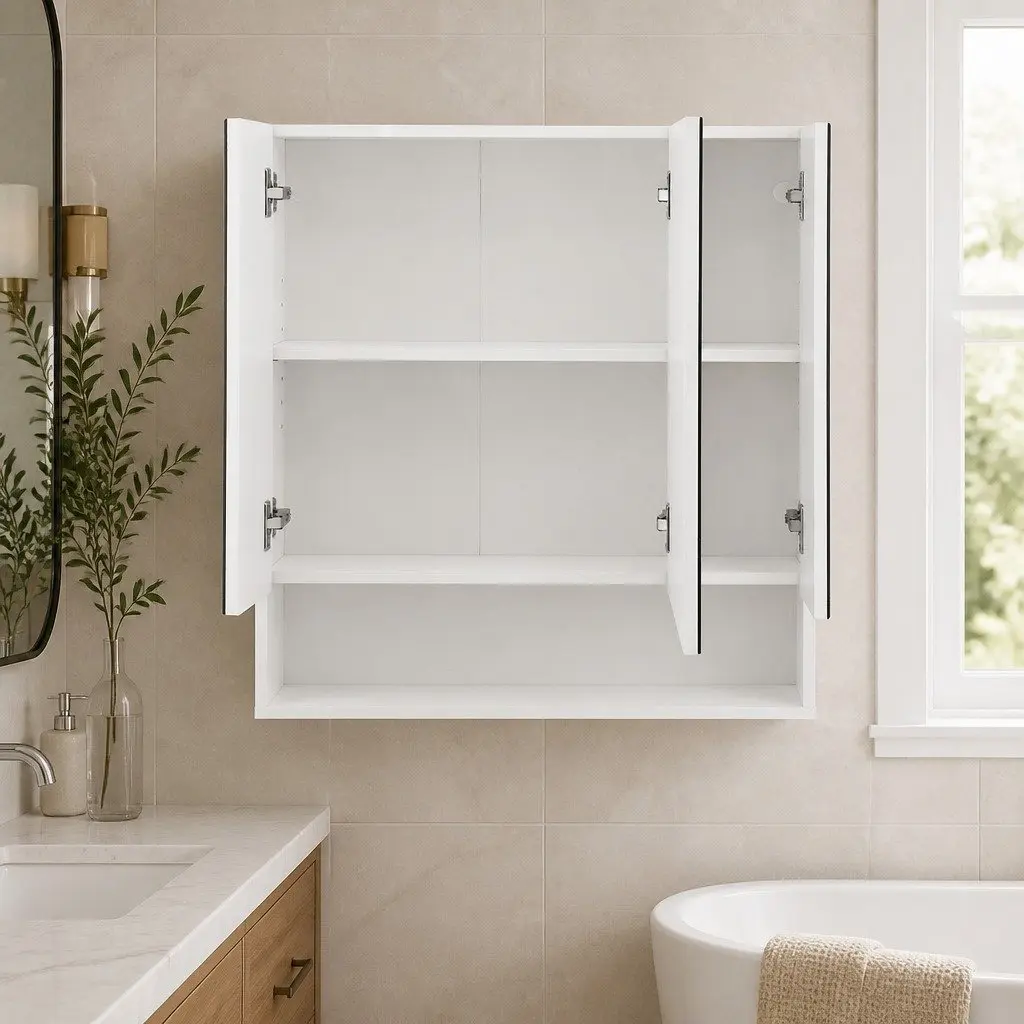 Bathroom Cabinet White 700x750mm Wall Hung Triple Mirrored Doors Adjustable Shelves
