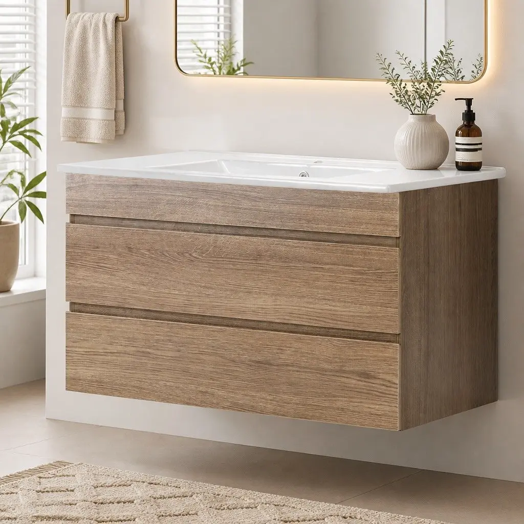 Bathroom Vanity Unit 915mm Wall-Hung Cabinet Oak White Basin Storage