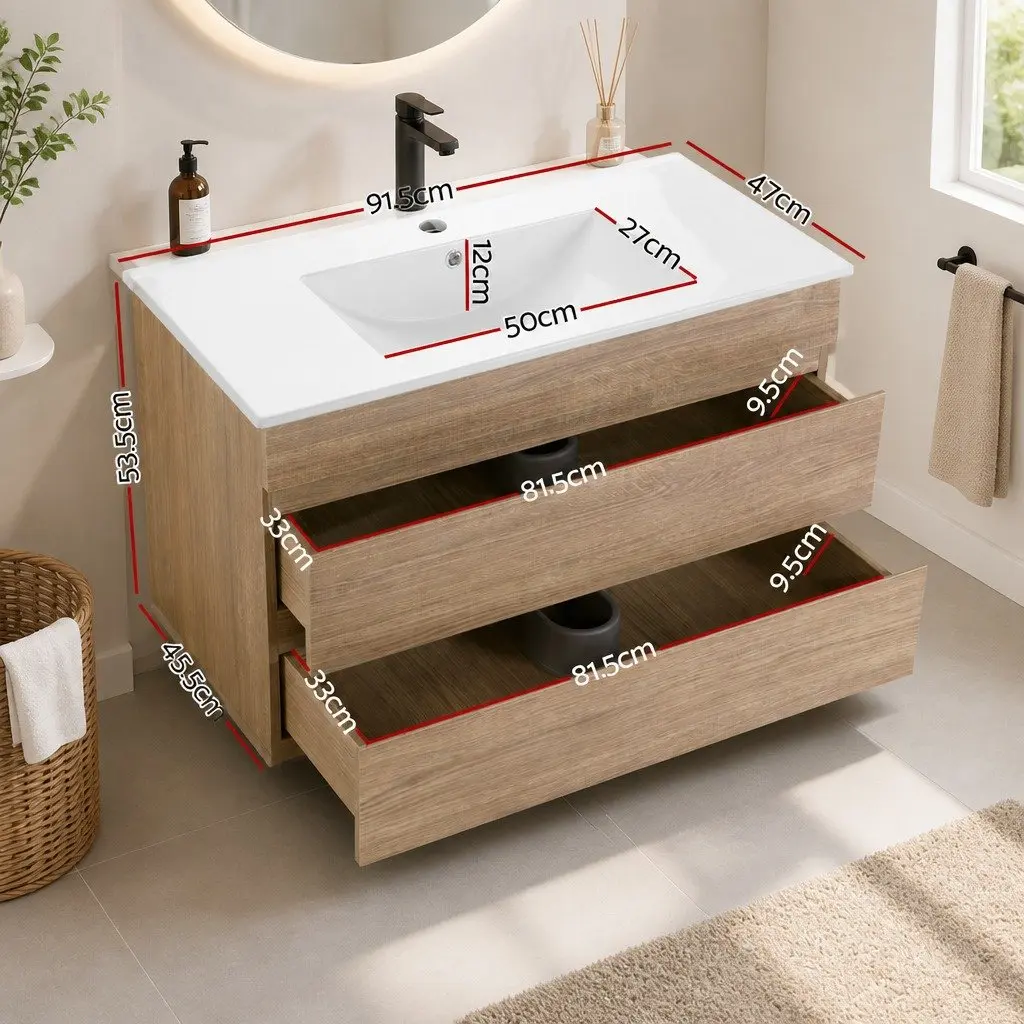 Bathroom Vanity Unit 915mm Wall-Hung Cabinet Oak White Basin Storage