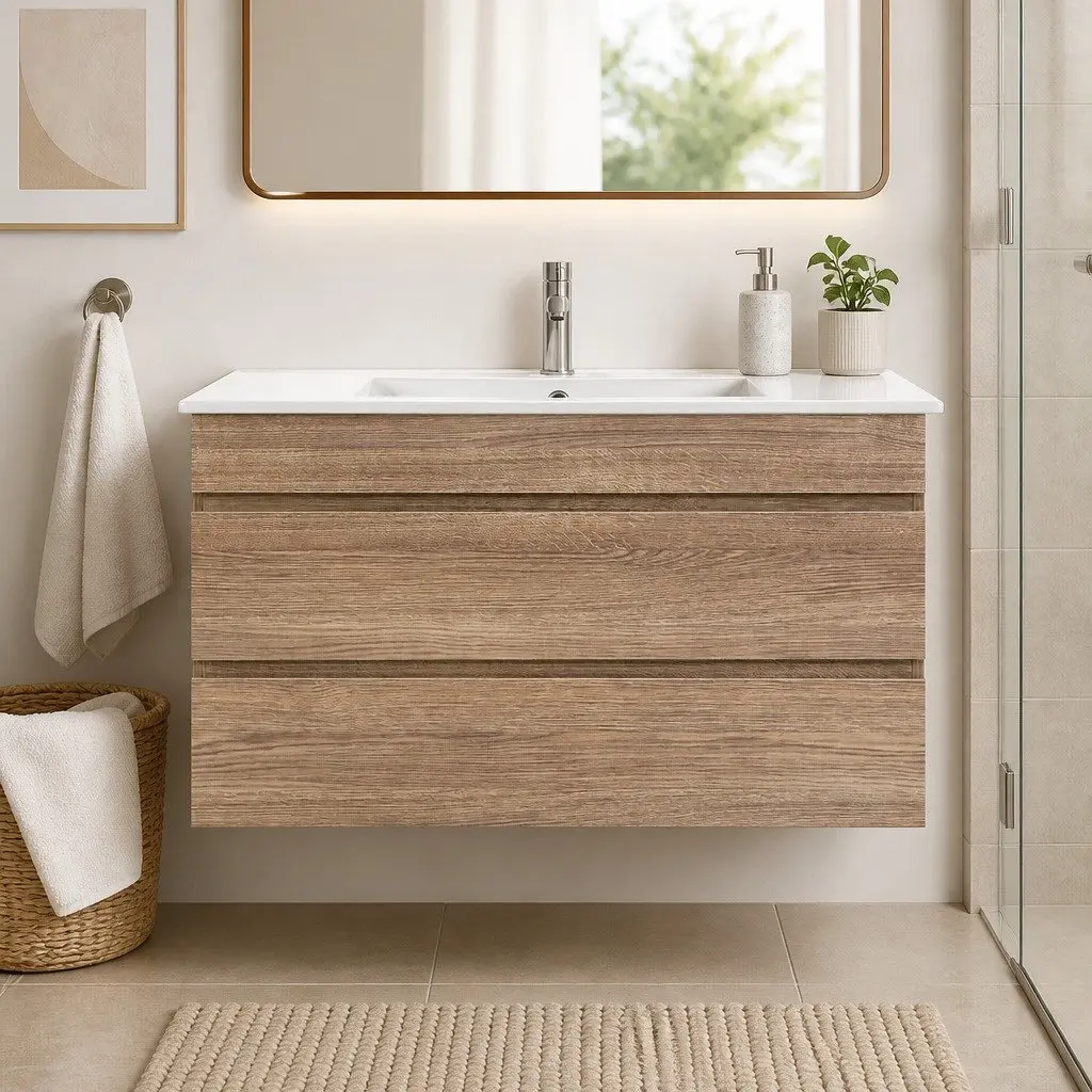 Bathroom Vanity Unit 915mm Wall-Hung Cabinet Oak White Basin Storage