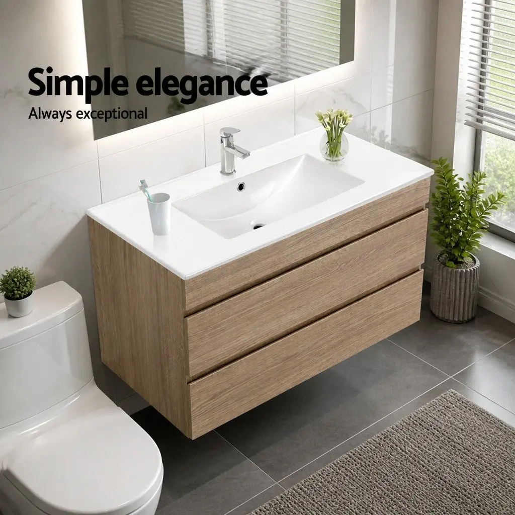 Bathroom Vanity Unit 915mm Wall-Hung Cabinet Oak White Basin Storage