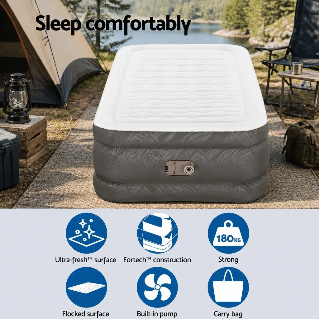 Single Air Mattress Brown 191cm x 97cm Flocked Surface Portable for Indoor Outdoor Use