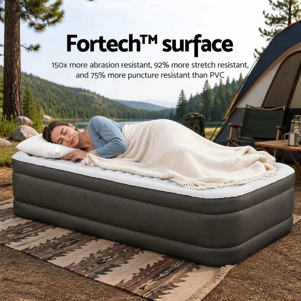 Single Air Mattress Brown 191cm x 97cm Flocked Surface Portable for Indoor Outdoor Use