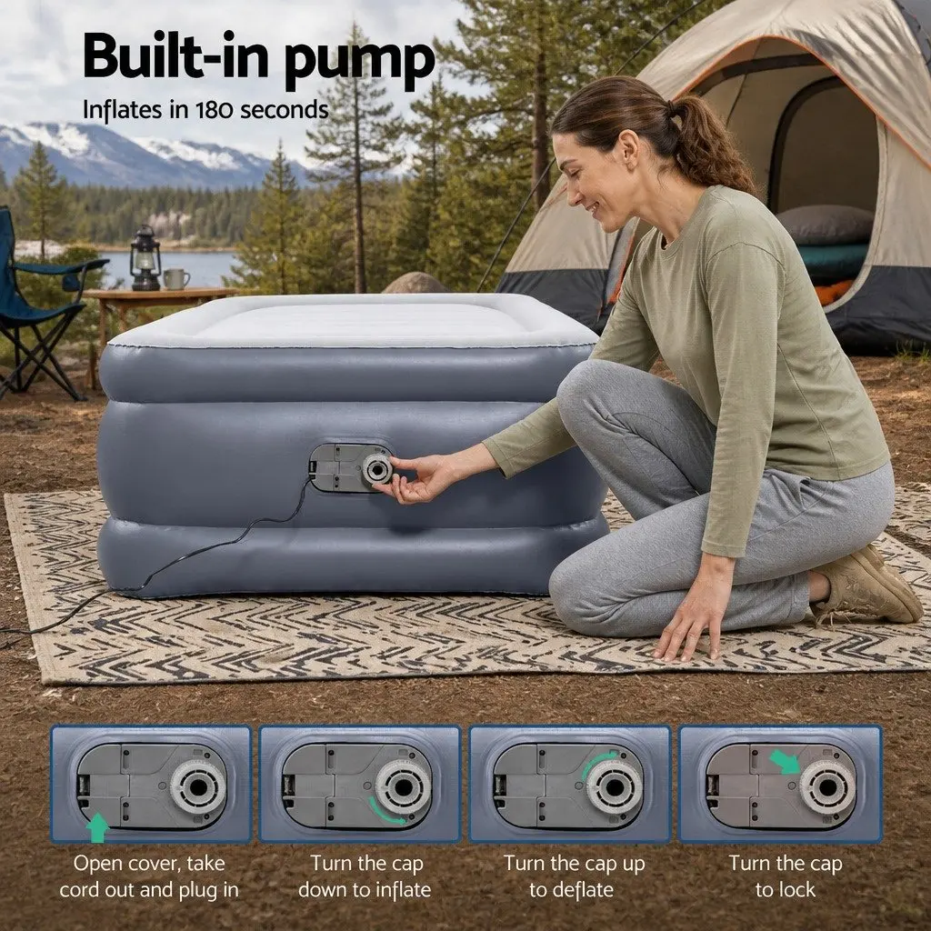 Single Air Bed Inflatable Mattress Camping Portable Built-in Pump Flocked