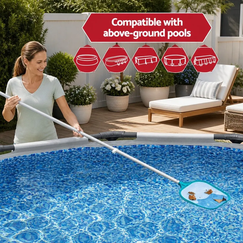 Pool Cleaner Vacuum Skimmer Kit Blue Adjustable Aluminium Pole 1.67m Interchangeable Heads for Above Ground Swimming Pools