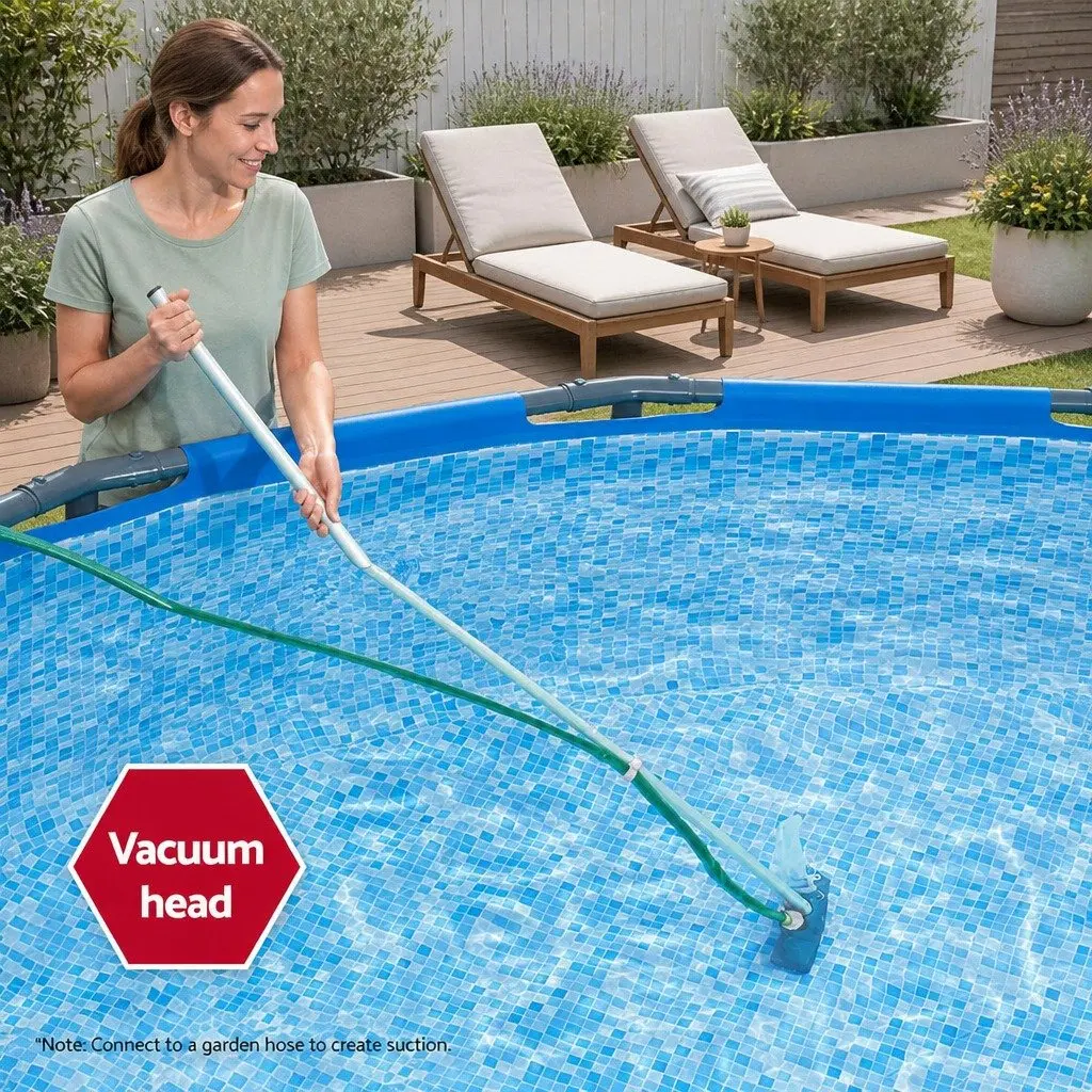 Pool Cleaner Vacuum Skimmer Kit Blue Adjustable Aluminium Pole 1.67m Interchangeable Heads for Above Ground Swimming Pools