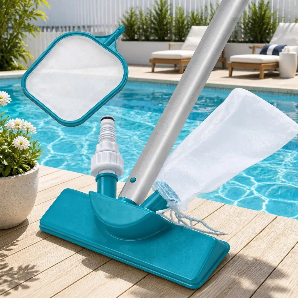 Pool Cleaner Vacuum Skimmer Kit Blue Adjustable Aluminium Pole 1.67m Interchangeable Heads for Above Ground Swimming Pools