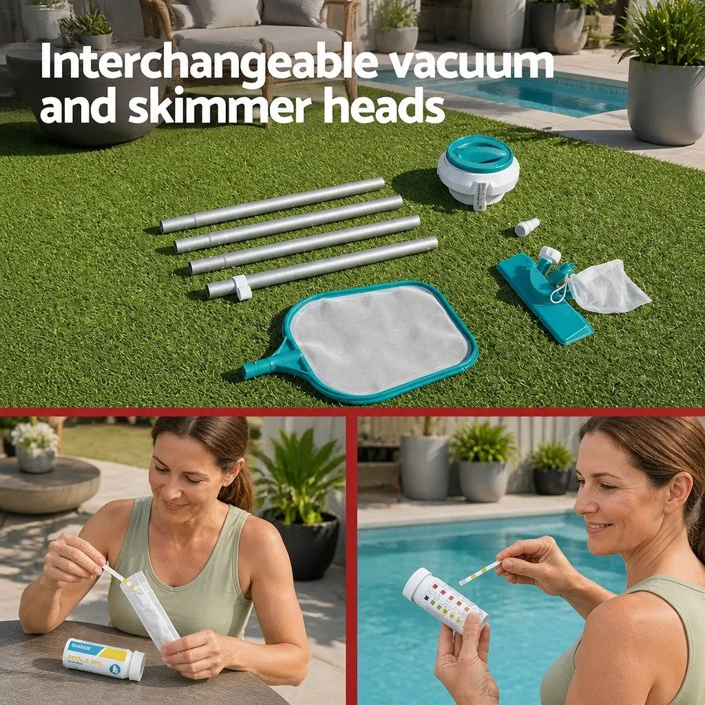 Pool Cleaner Kit Green Lightweight with Vacuum and Skimmer Heads Floating Dispenser Thermometer Test Strips