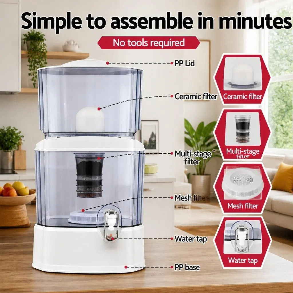 Benchtop Water Filter White 24L Gravity Multi-Stage Filtration System