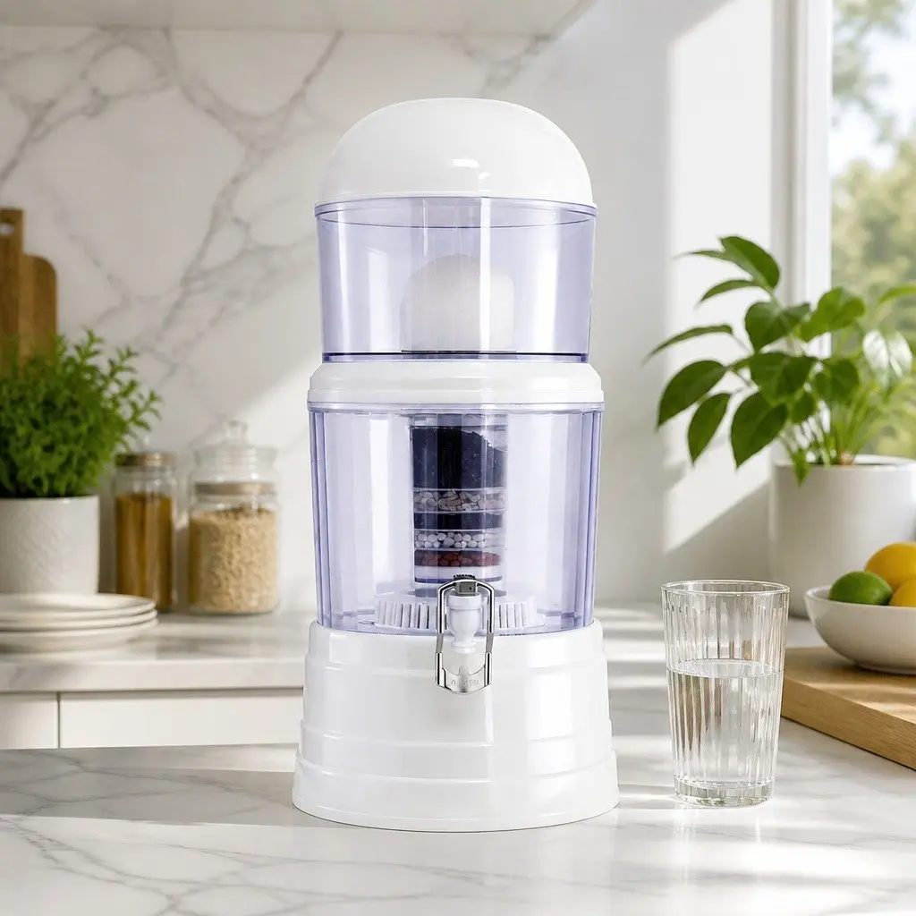 Benchtop Water Filter White 14L Multi-Stage Filtration System Gravity Powered