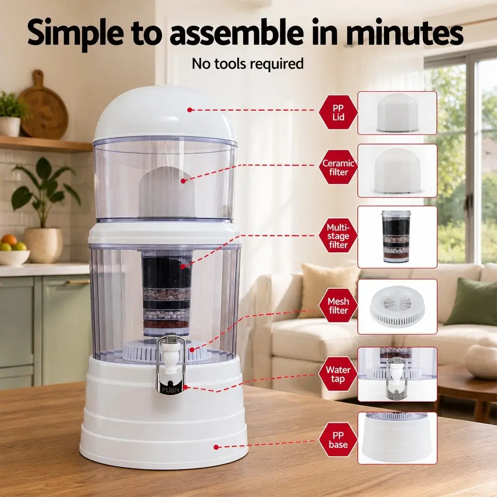 Benchtop Water Filter White 14L Multi-Stage Filtration System Gravity Powered