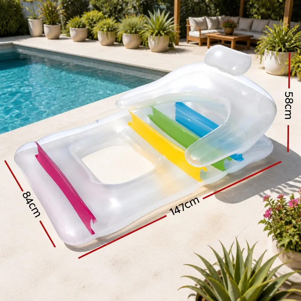 Inflatable Pool Lounge Float Chair Bed Recliner Colorful 147cm with Headrest Armrests Backrest