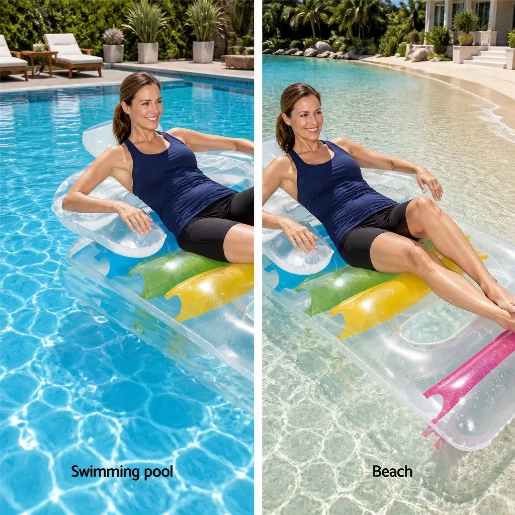 Inflatable Pool Lounge Float Chair Bed Recliner Colorful 147cm with Headrest Armrests Backrest