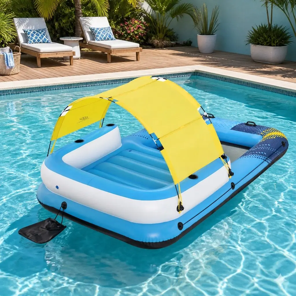 Inflatable Floating Island Pool Lounger Multicolour 305cm 4-Person Sunshade Bed Water Toy