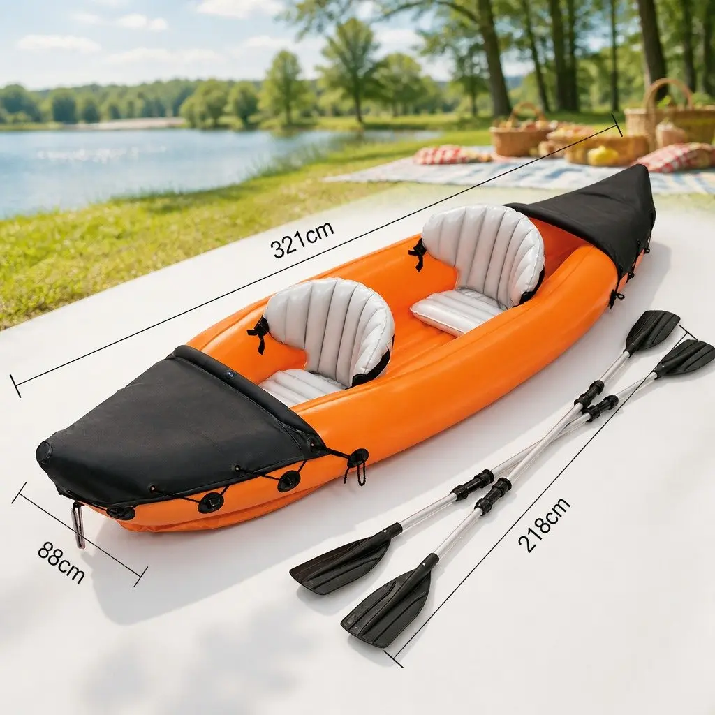 Inflatable Kayak 2 Person Canoe Orange Two Seater Oars Aluminium Paddles