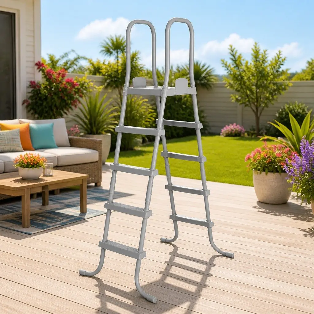 Above Ground Pool Ladder Grey 195cm Removable Steps Rust-Resistant Metal Frame