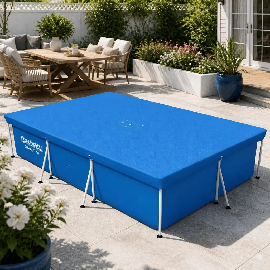 Pool Cover Multicolour 3.04m x 2.05m Protective PE with Drainage Holes and Rope Ties for Above Ground Swimming Pools