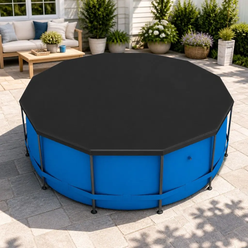 Round Pool Cover Black 3.7m Diameter UV-Resistant PVC with Drainage Holes