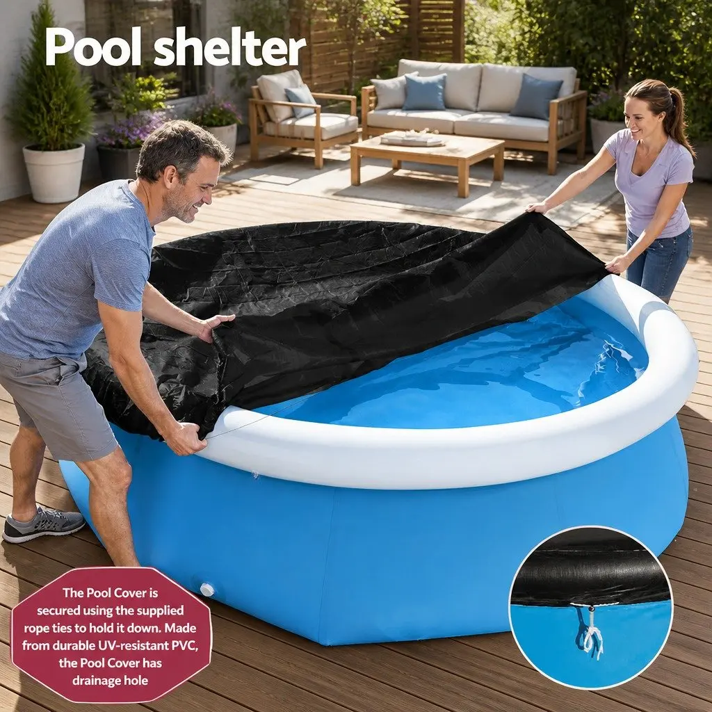 Pool Cover Round 2.44m PVC Durable UV-Resistant with Drainage Holes and Rope Ties