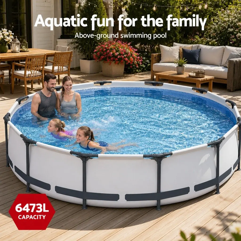 Above Ground Swimming Pool Grey 366cm Round Steel Frame with Filter Pump
