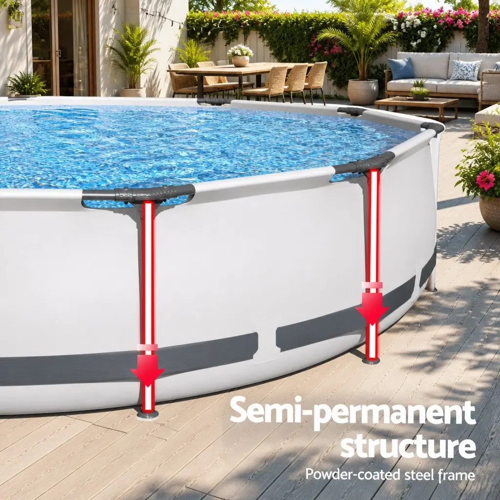 Above Ground Swimming Pool Grey 366cm Round Steel Frame with Filter Pump