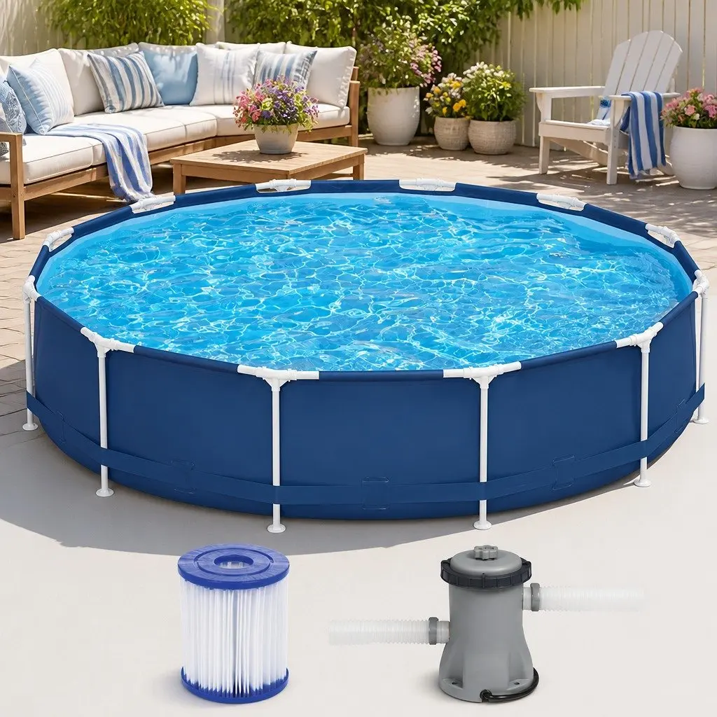 Steel Frame Above Ground Swimming Pool Blue 366cm Round with Filter Pump System