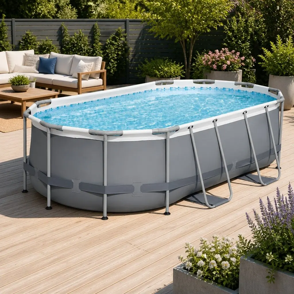 Above Ground Swimming Pool Grey 427x250x100cm Steel Frame Filter Pump Ladder