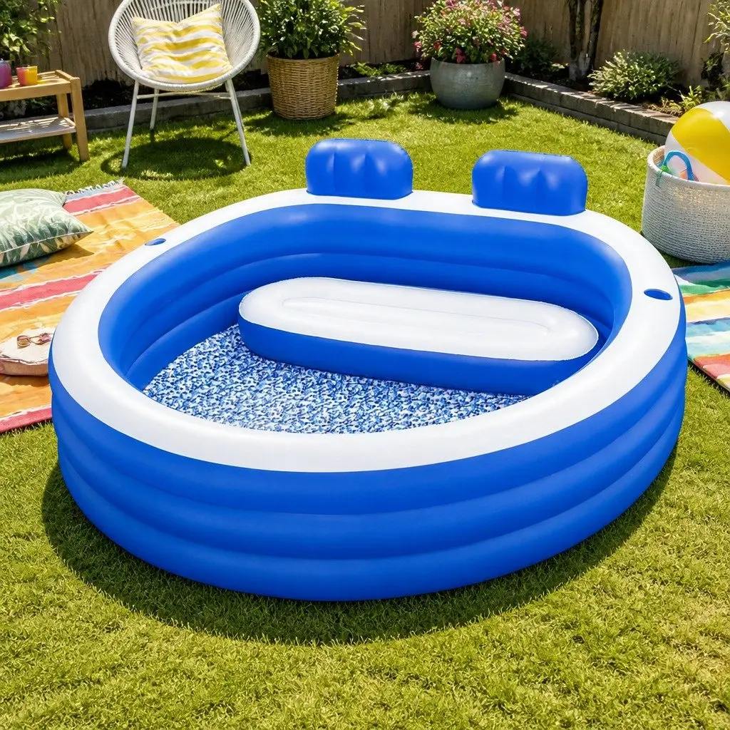 Kids Inflatable Pool Multicolour 2.31m x 2.19m Bench Seat with Cup Holders