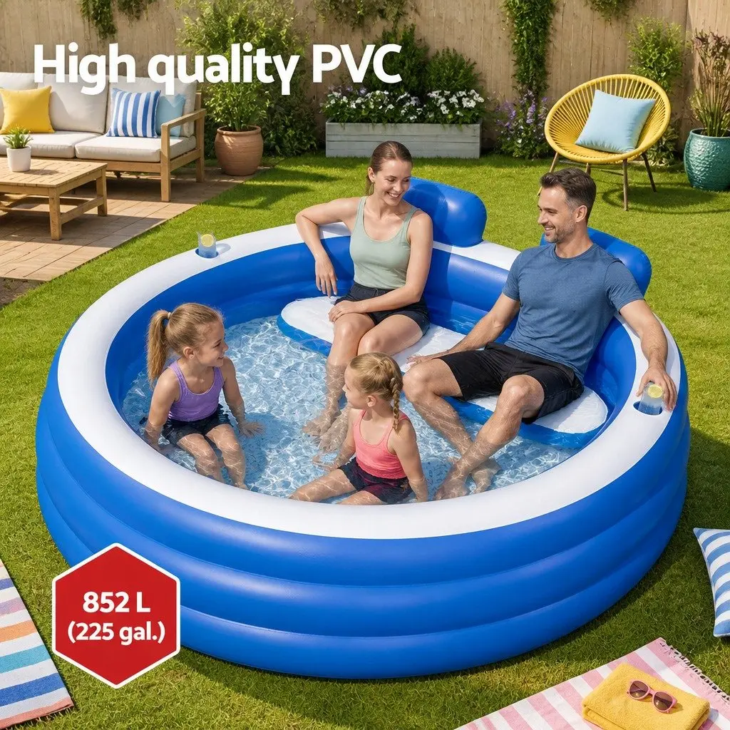Kids Inflatable Pool Multicolour 2.31m x 2.19m Bench Seat with Cup Holders