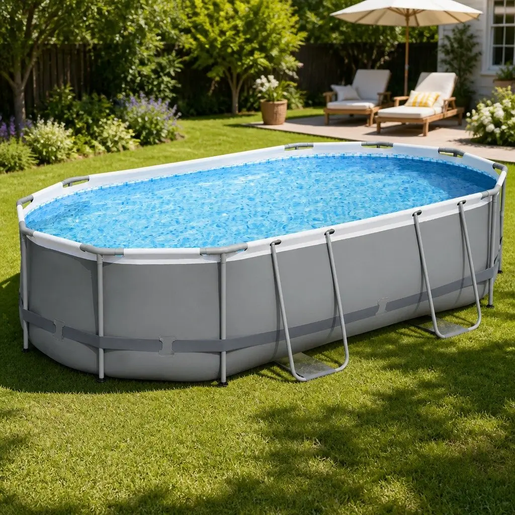 Steel Frame Swimming Pool Grey 488x305x107cm Rust Resistant with Filter Pump Ladder Cover Set