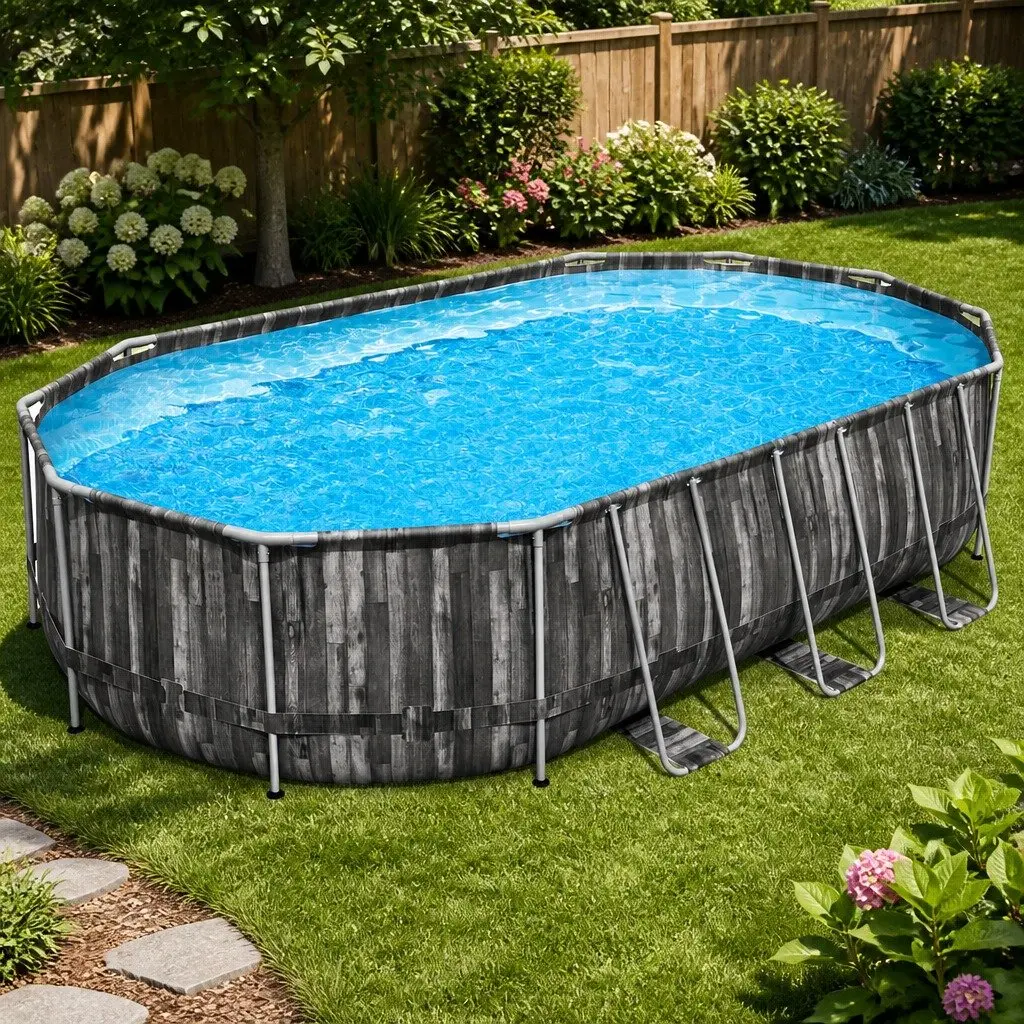 Steel Frame Swimming Pool Grey 6.1x3.66m Rust Resistant Includes Filter Pump Ladder Cover