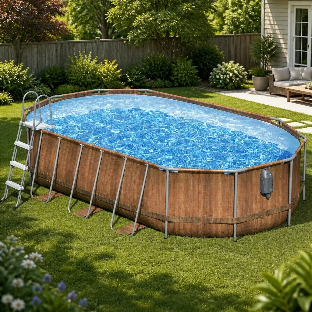 Steel Frame Swimming Pool Brown 6.1 x 3.66m Spa with Massage Jets and LED Lighting