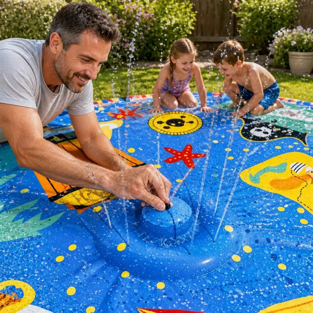 Kids Splash Pad Pool Multicolour 170cm Pirate Theme Water Sprinkler Play Mat