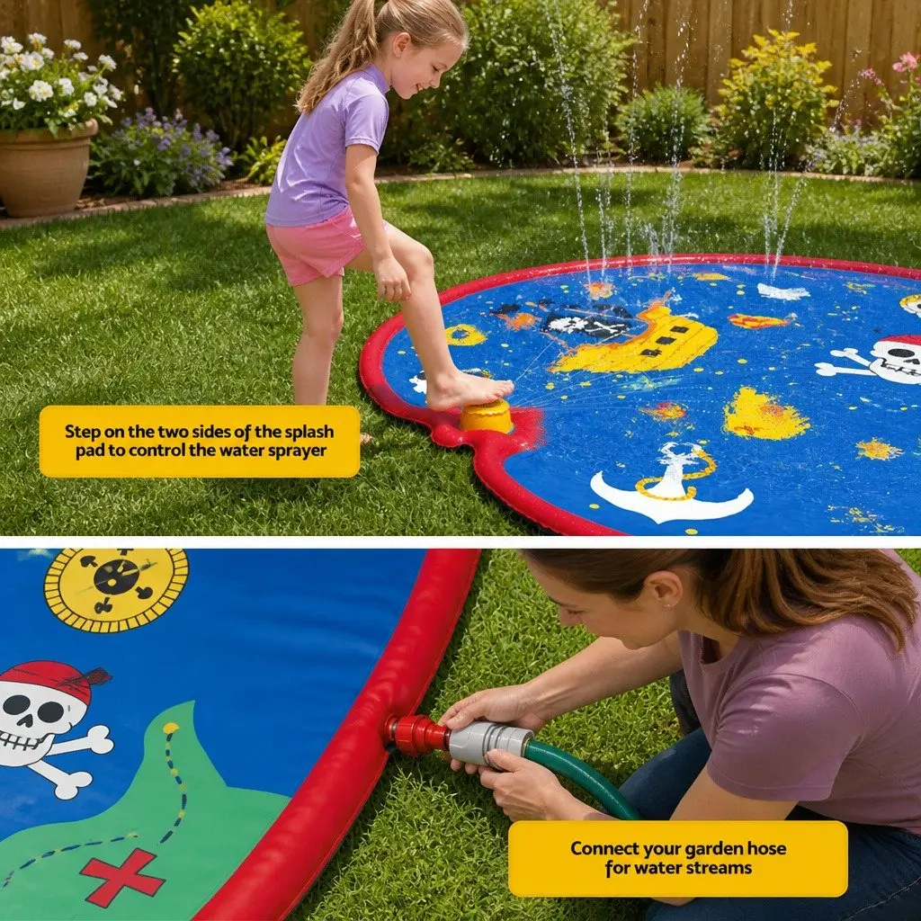 Kids Splash Pad Pool Multicolour 170cm Pirate Theme Water Sprinkler Play Mat