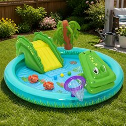 Fun Kids Inflatable Pool with Slide and Crocodile Design