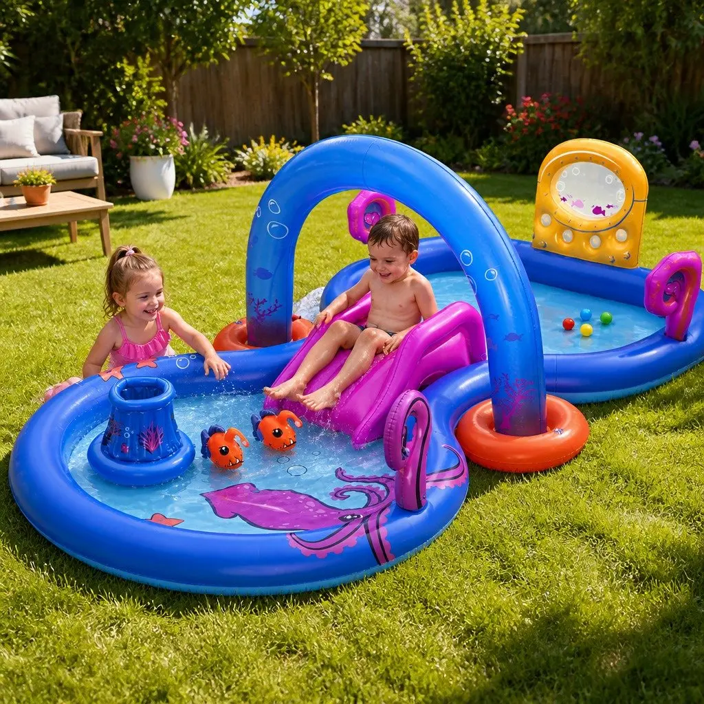 Kids Inflatable Play Pool Multicolour 330cm Deep Sea Theme with Slide Ball Tossing Toys