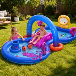 Compact Kids Inflatable Play Pool with Slide & Accessories