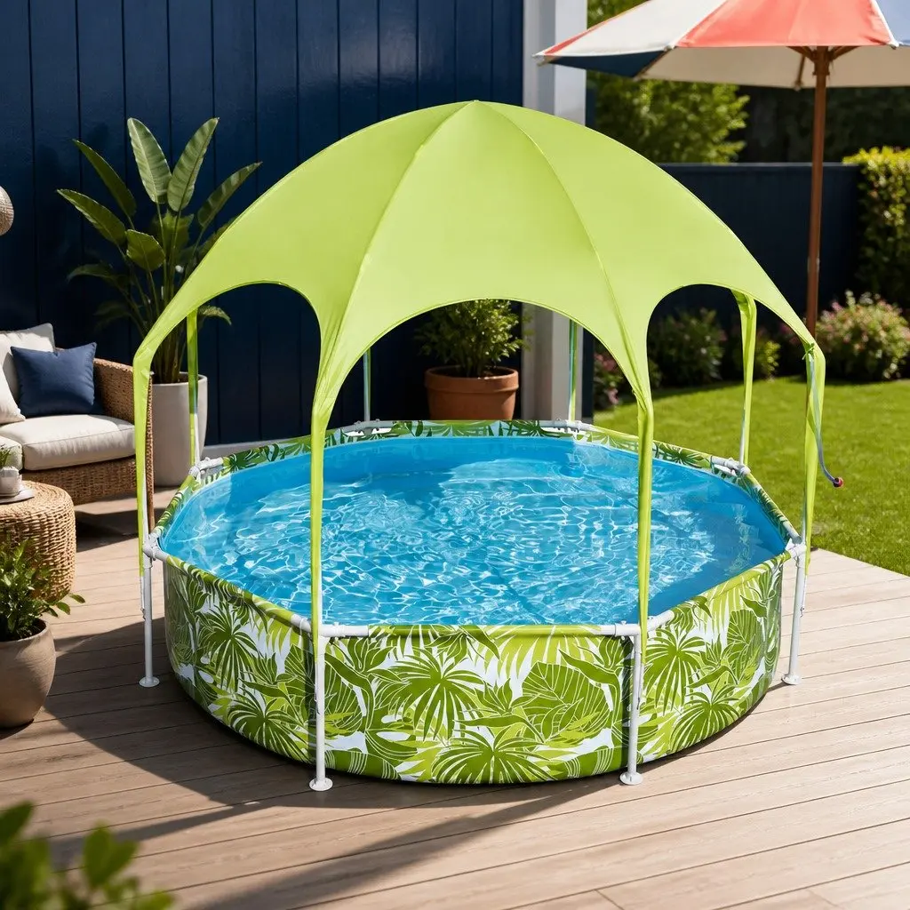 Above Ground Swimming Pool Green 244x51cm Steel Frame Canopy Shade
