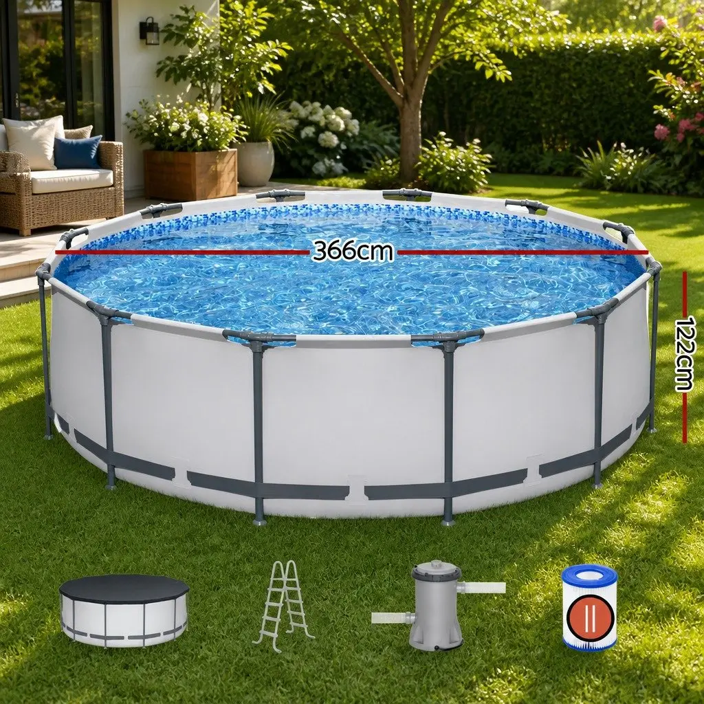 Above Ground Swimming Pool White 366cm Round Steel Frame with Filter Pump Ladder and Cover
