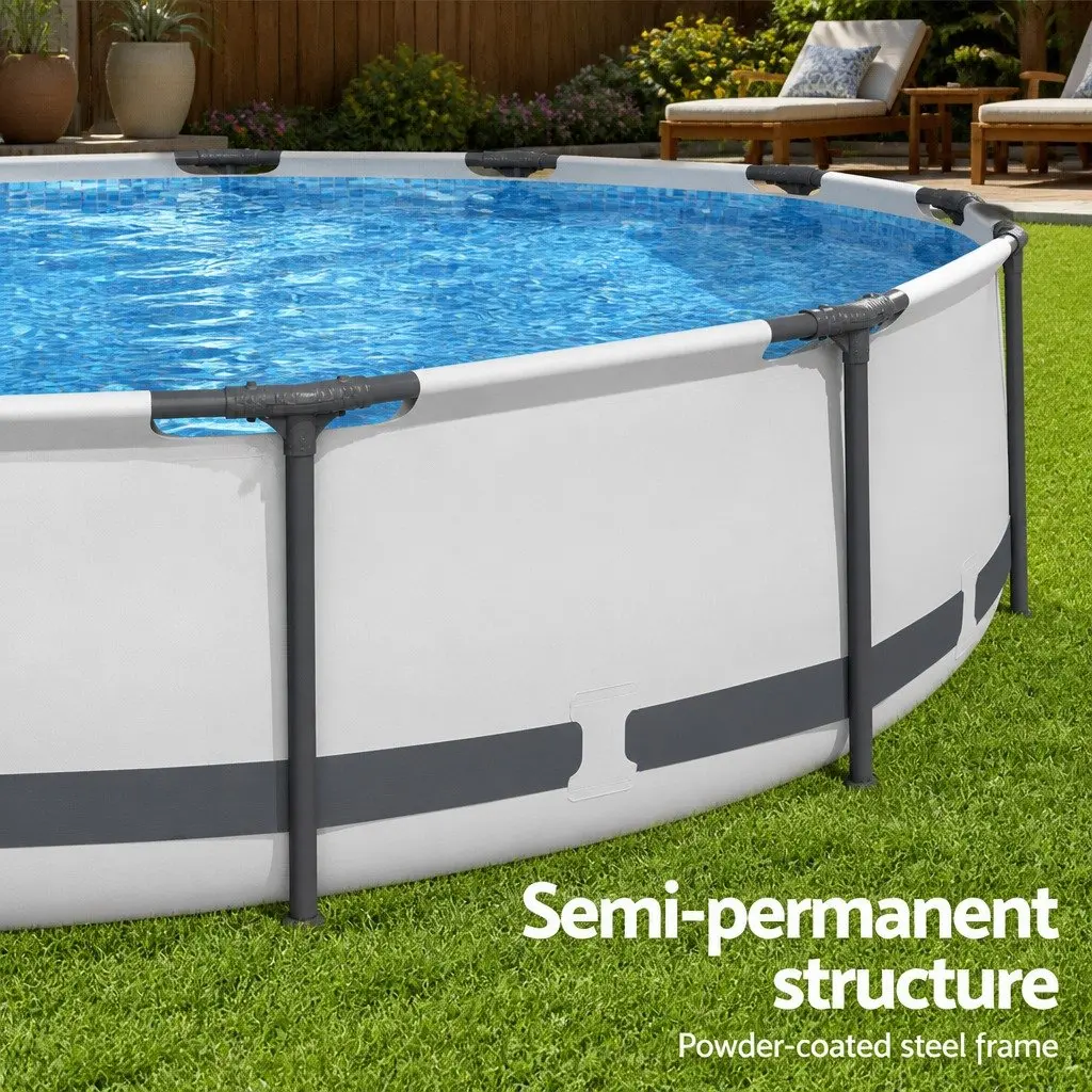 Above Ground Swimming Pool White 366cm Round Steel Frame with Filter Pump Ladder and Cover