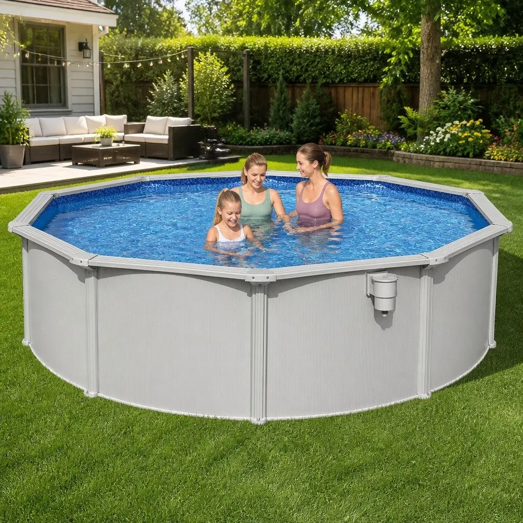 Steel Frame Swimming Pool Grey 457cm Large Above Ground Family Backyard with Sand Filter Pump Safety Ladder Pool Cover Ground Cloth Repair Patch