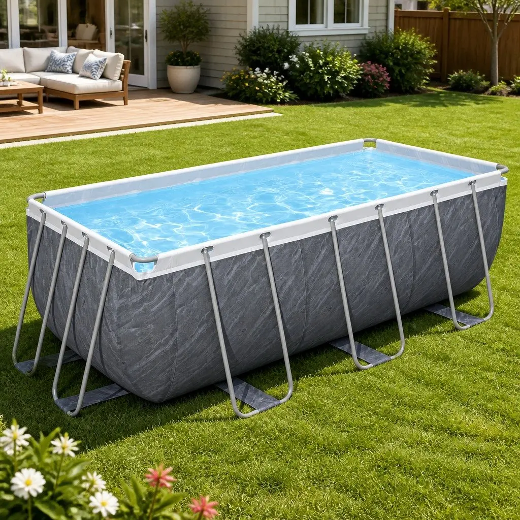 Steel Frame Swimming Pool Grey 412x201x122cm Rust and Corrosion Resistant with Filter Pump and Ladder Set