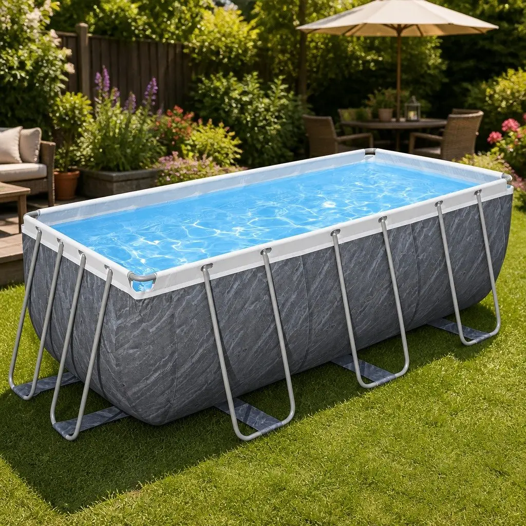 Steel Frame Swimming Pool Grey 412x201x122cm Rust and Corrosion Resistant with Filter Pump and Ladder Set