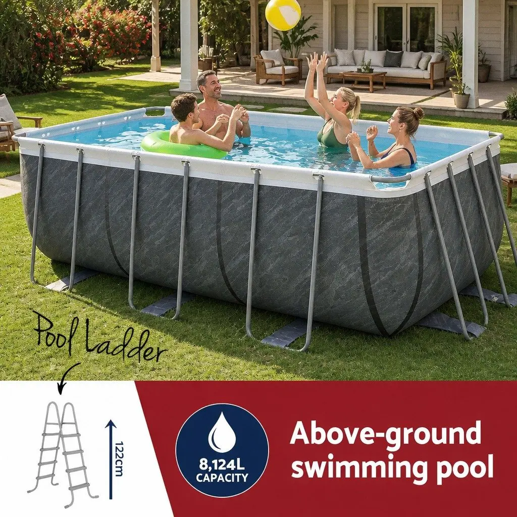 Steel Frame Swimming Pool Grey 412x201x122cm Rust and Corrosion Resistant with Filter Pump and Ladder Set