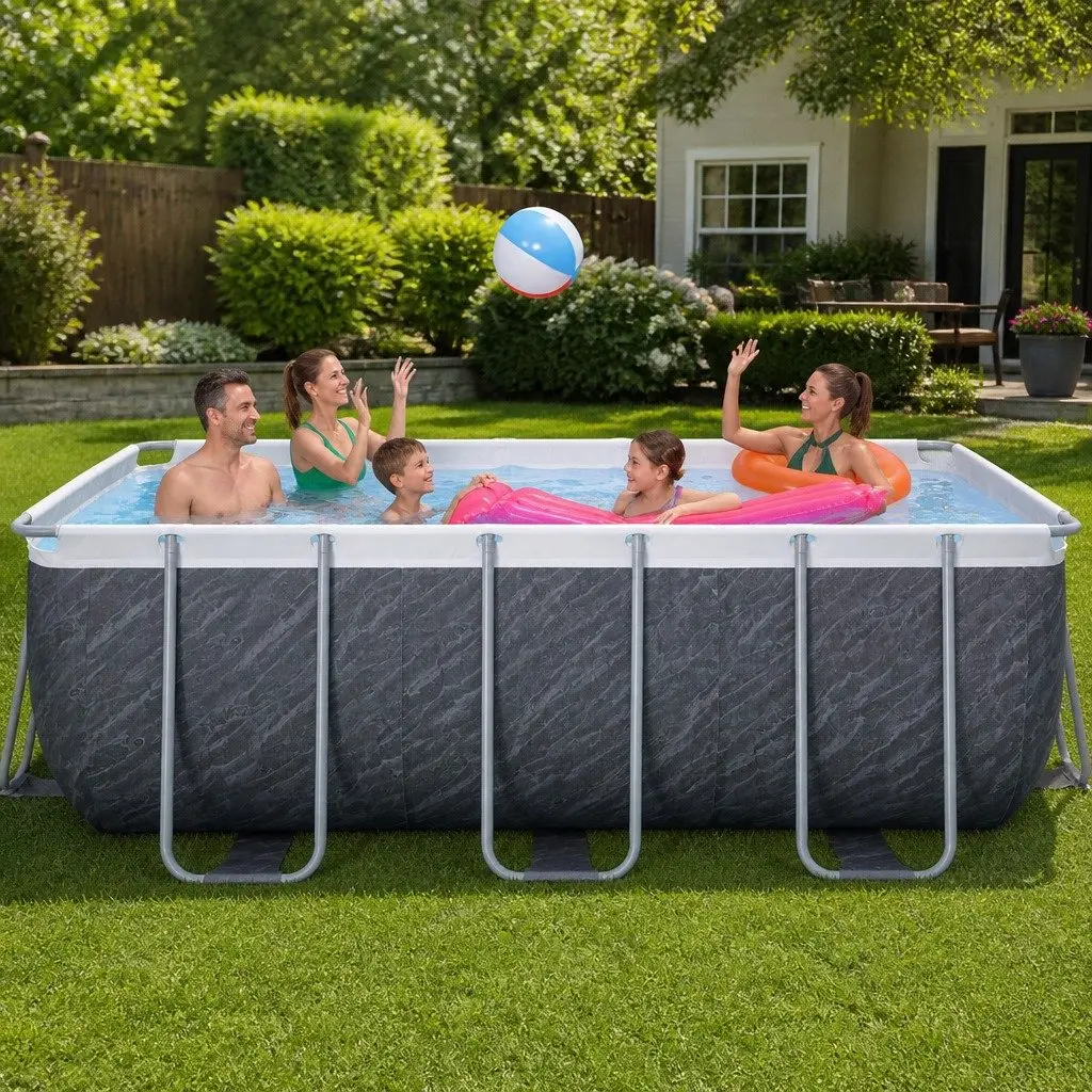 Steel Frame Swimming Pool Grey 412x201x122cm Rust and Corrosion Resistant with Filter Pump and Ladder Set