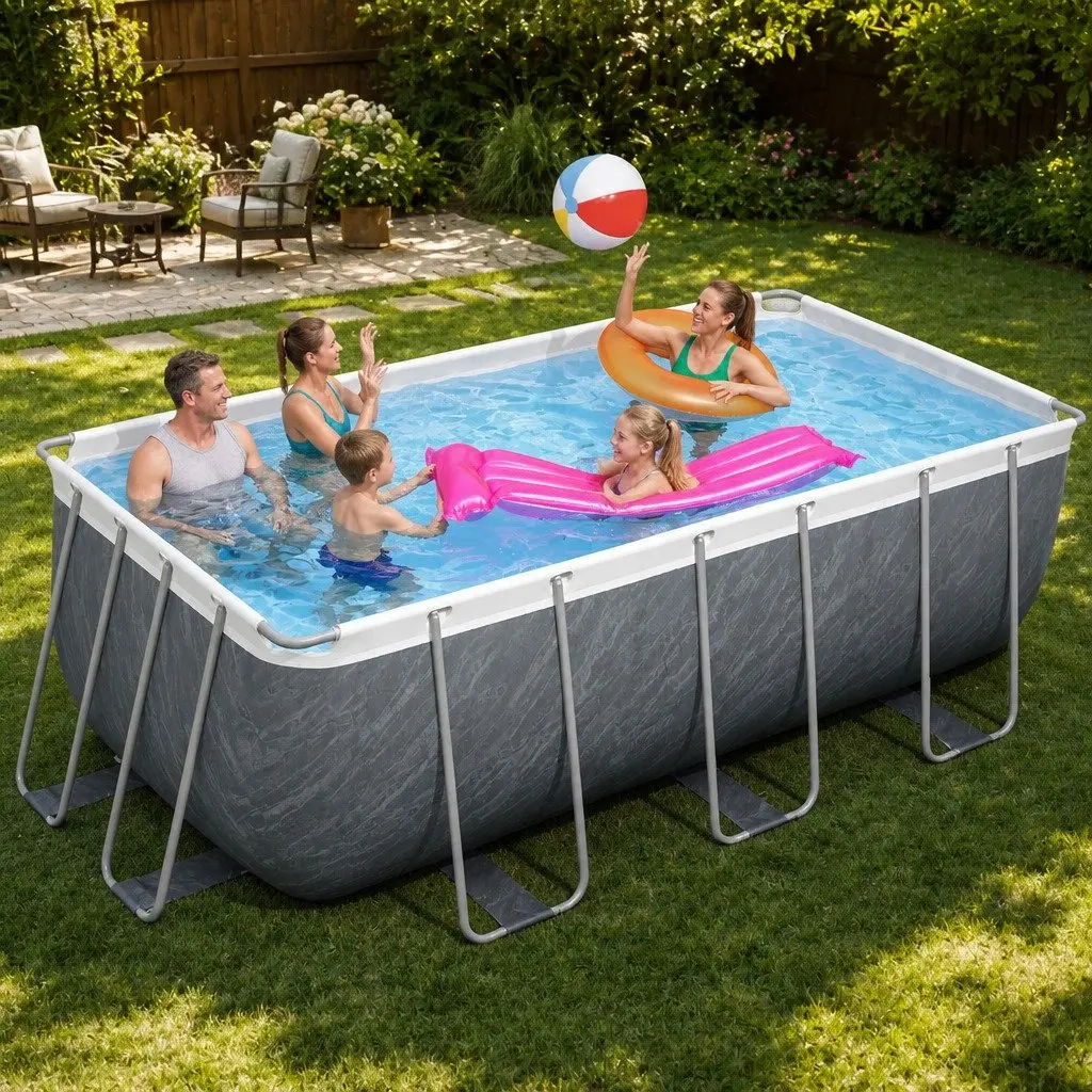 Steel Frame Swimming Pool Grey 412x201x122cm Rust and Corrosion Resistant with Filter Pump and Ladder Set