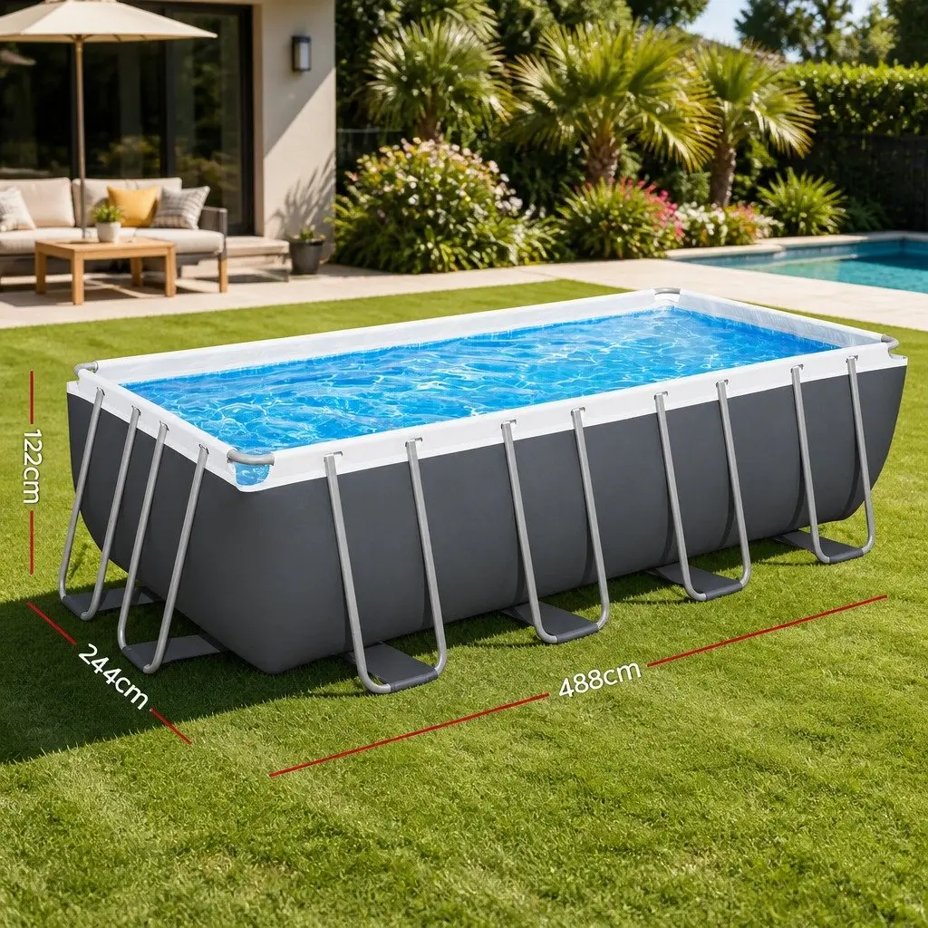 Above Ground Swimming Pool Grey 488x244cm Steel Frame Filter Pump Ladder Cover